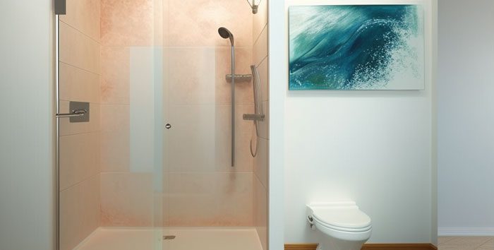 Acrylic shower walls with hard water stains and soap scum