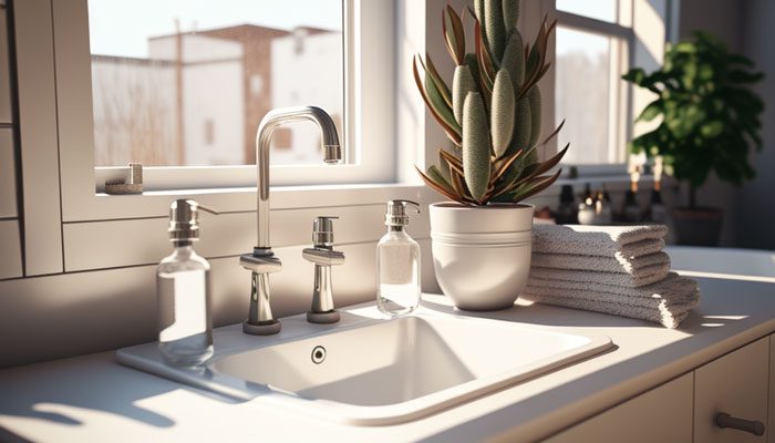 Applying a cleaning solution on vomit stains in a bathroom sink