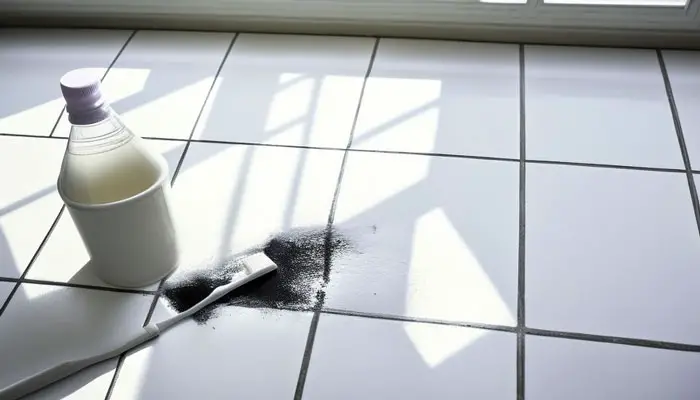 Applying bleach and baking soda paste to clean bathroom floor