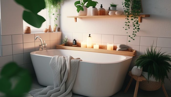 Bathtub with stains from toilet bowl cleaner