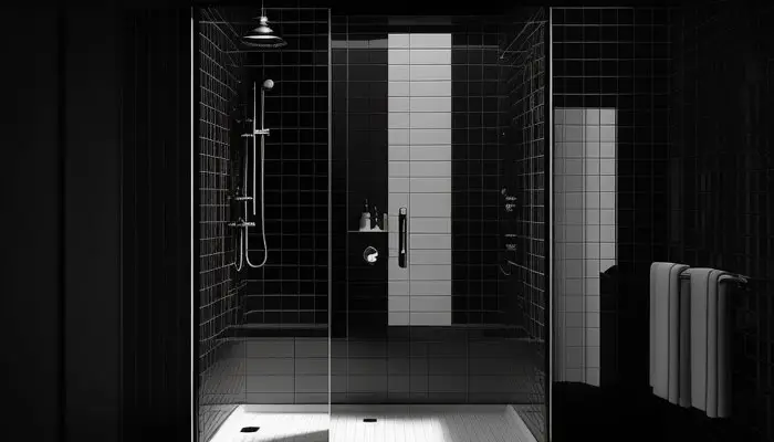 Black shower tiles with mold and mildew stains