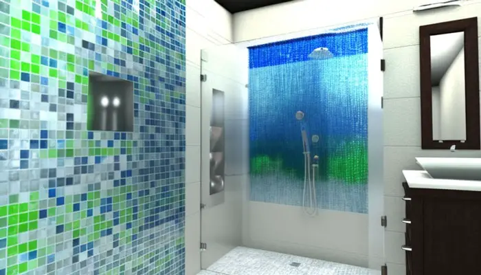 Glass tiles in shower with water stains and soap scum