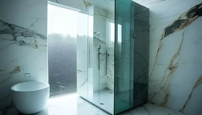 Marble shower with mildew stains