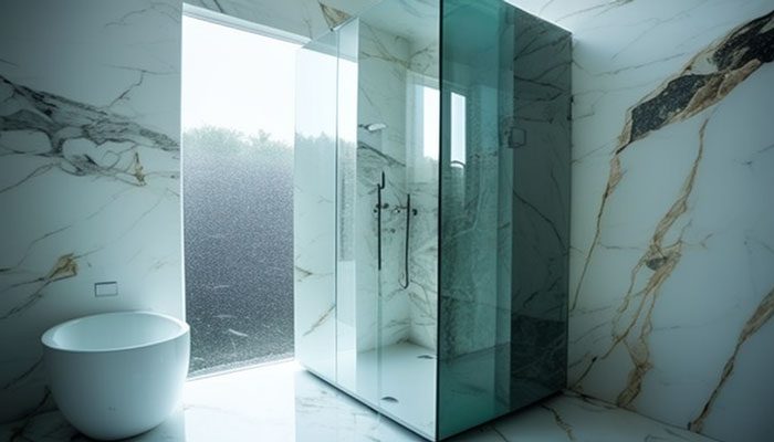 Marble shower with mildew stains