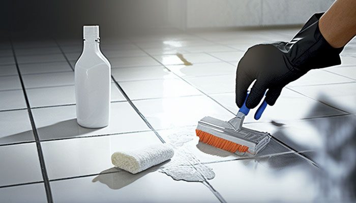 Scrubbing tough stains on bathroom floor with bleach and brush