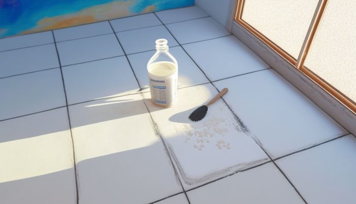 Spraying bleach and water solution on bathroom floor for deep cleaning