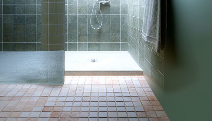 Spraying calcium remover on shower floor for deep cleaning