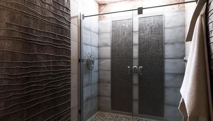 Textured shower stall floor with soap scum and grime