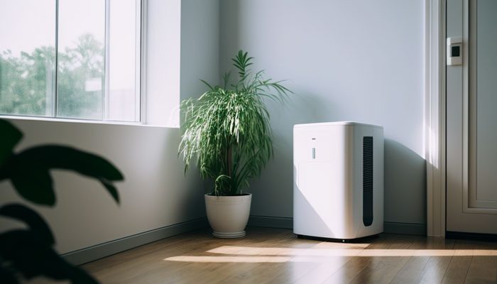 Using a dehumidifier to remove moisture and sweating on bathroom walls