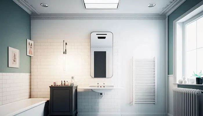 A bathroom exhaust fan with light covered in dirt and dust