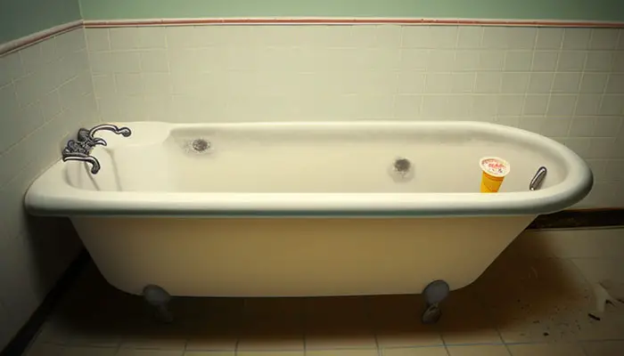 A bathtub with a toilet bowl cleaner stain