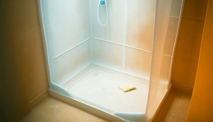 Applying a cleaning solution on a yellowed plastic shower stall