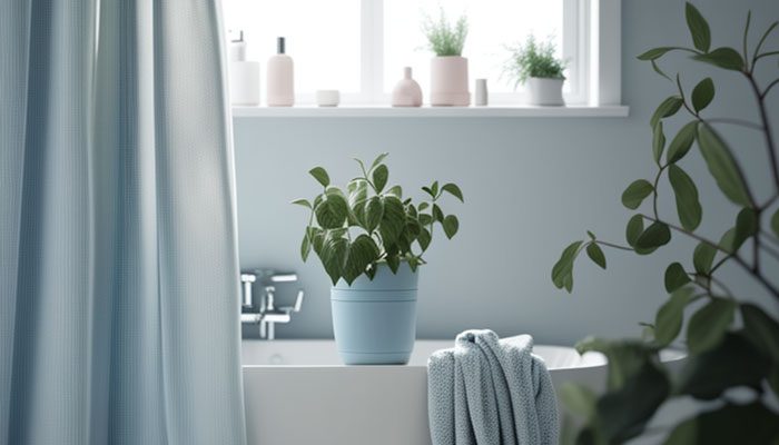 Rinsing the shower curtain after removing pink mildew stains