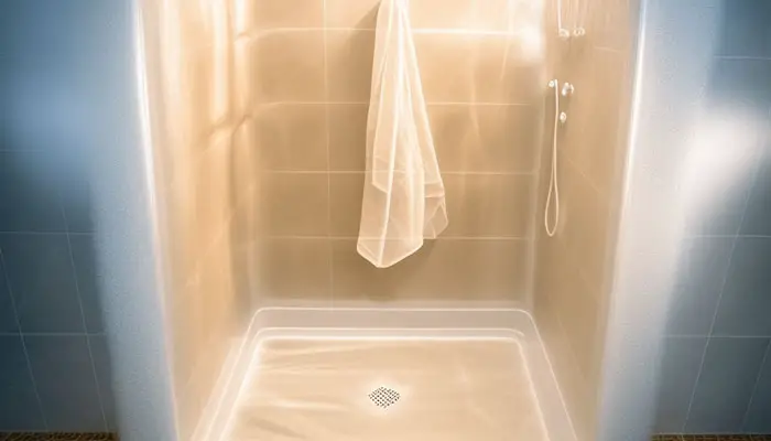 Rinsing the shower stall after cleaning to remove yellowing