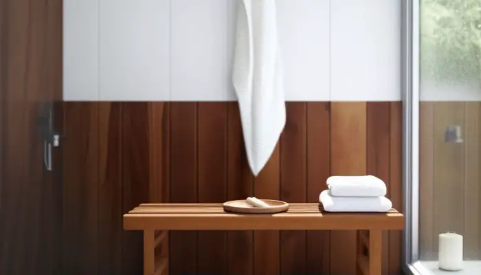 Wiping down a teak shower bench after cleaning mold